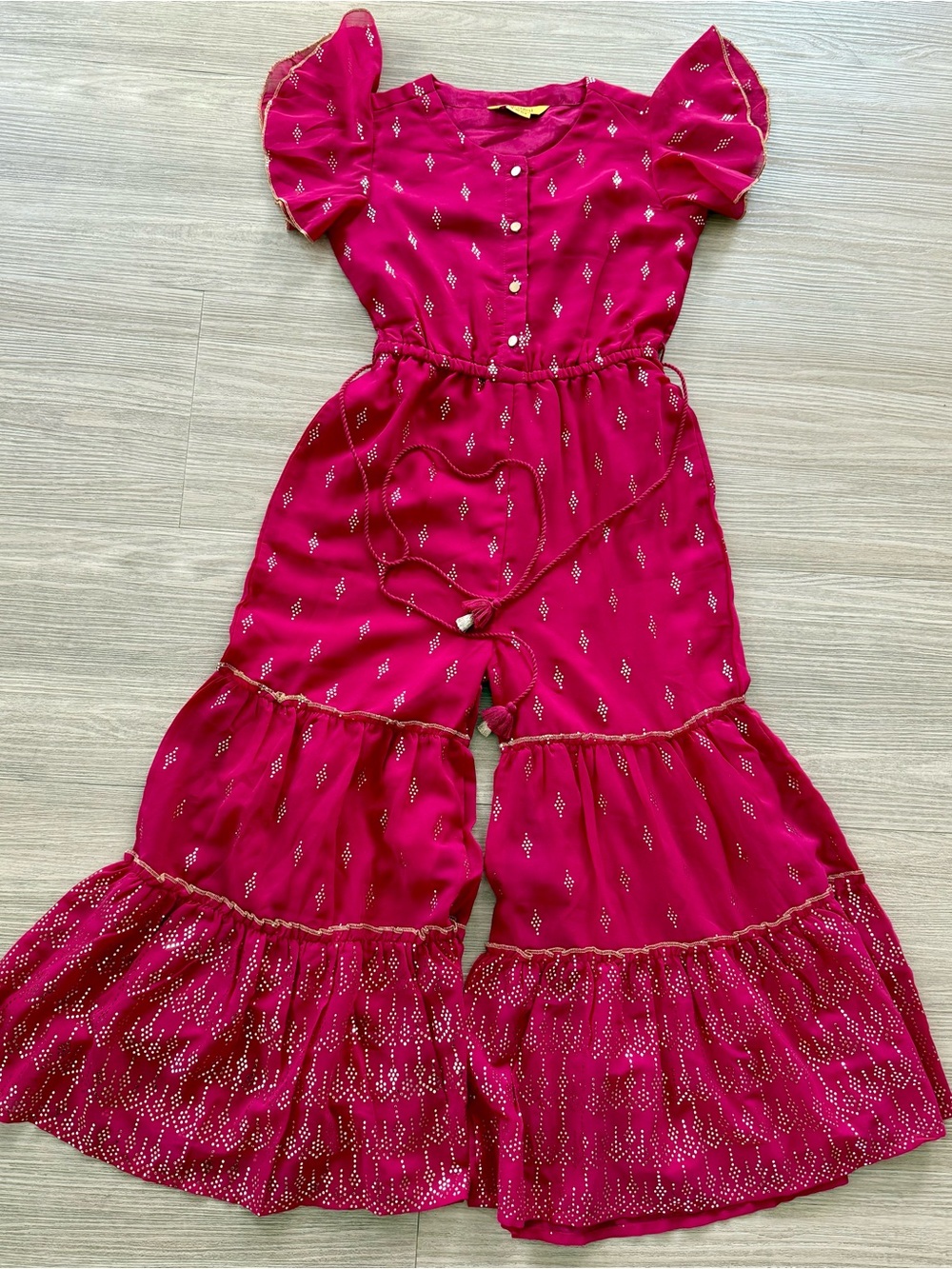 Global Desi Girls' Magenta Ruffle-Hem Jumpsuit with Gold Accents 9-10Y